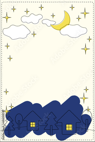 夜の空と月と木々と家