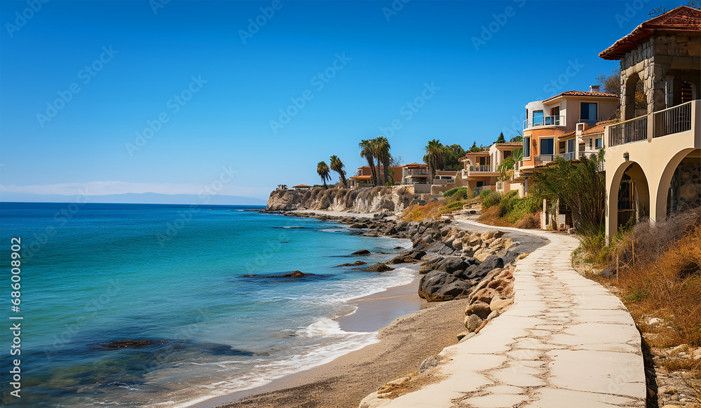 a long walkway along the shore, with houses featuring nicely landscaped front yards