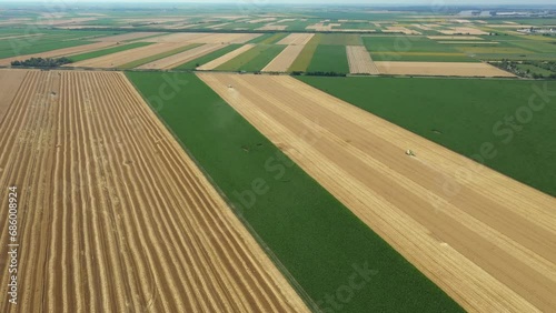 Above view, move forward over farmland in harvest time, season, rolls of straw, round bale at field, two combines harvesting wheat together. Tractor with trailer is ready for transshipment photo