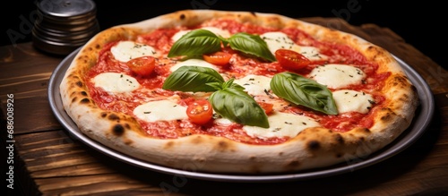 Neapolitan Margherita pizza with tomato, mozzarella, and basil in a pizzeria.