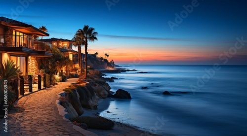 a long walkway along the shore, with houses featuring nicely landscaped front yards