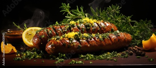 Mustard and herb accompanied bratwurst sausages. photo