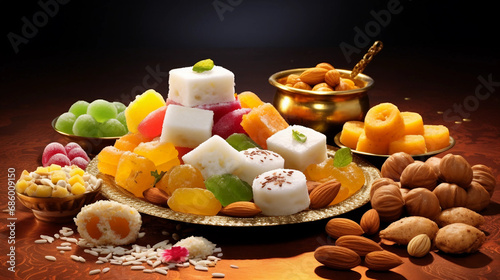 A platter of assorted candies including one that has a candle on it photo