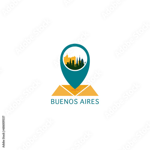 Buenos Aires city map pin point geolocation modern skyline vector logo icon isolated illustration. Argentina pointer emblem with landmarks and building silhouettes