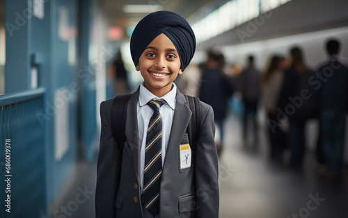 Sikh Cute Boy, 8 Years Old, Smiling in Modern School Hallway photo