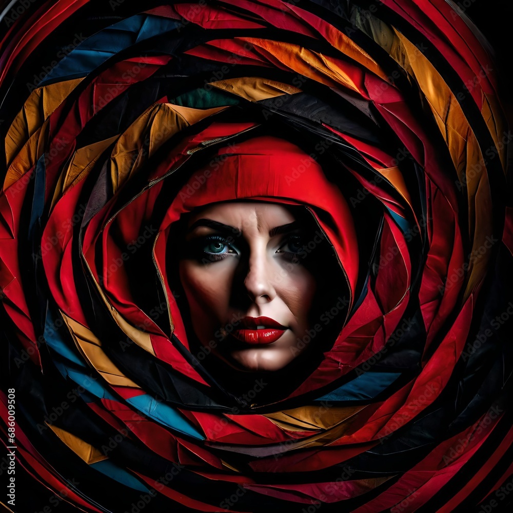 A woman in colorful outfit against a black background. Concept