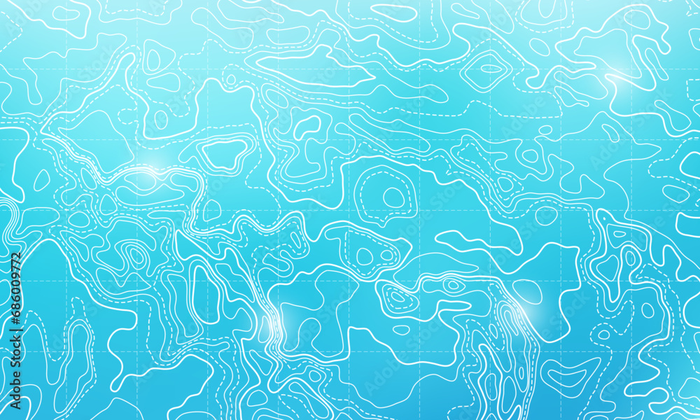 Ocean bottom topographic line map curvy wave isolines vector illustration.