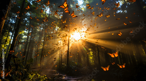 Monarch butterflies. Millions of butterflies create a living carpet on the forest
