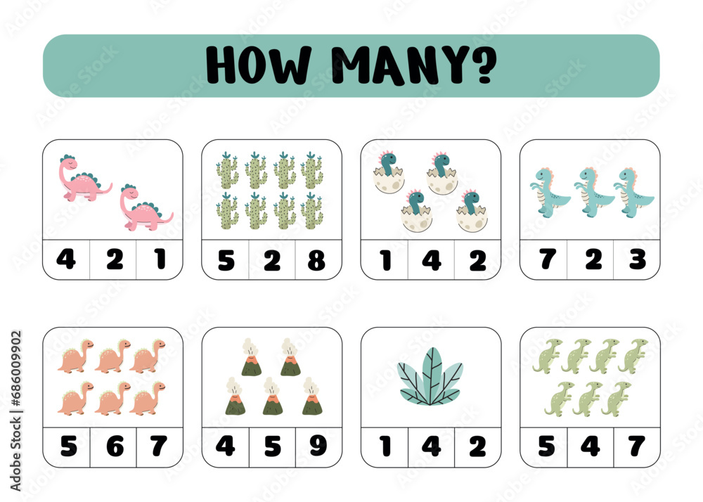 Count how many dinosaurs. Mini math how many game for preschoolers and kindergarten. Cartoon Vector Illustration of Education Counting Game for Preschool Children Count how many dinosaurs. Mini math how many game for preschoolers and kindergarten. Cartoon Vector Illustration of Education Counting Game for Preschool Children