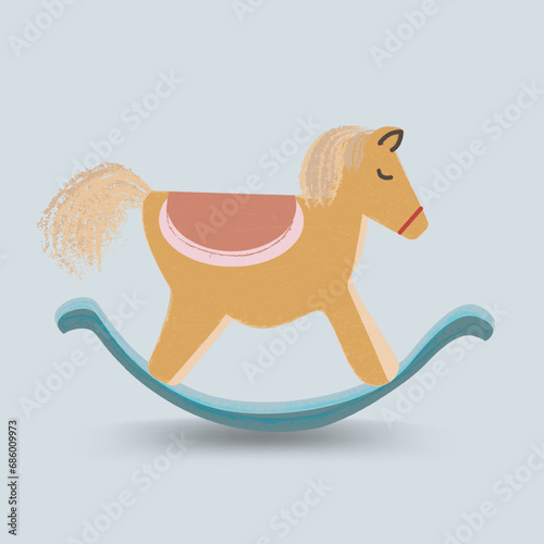 Vintage childrens rocking horse.Baby shower invitation "It's a boy". Cute toy horse with wheels. Kids First Toys. Baby shower design element. Cartoon vector hand drawn eps 10 illustration isolated on 