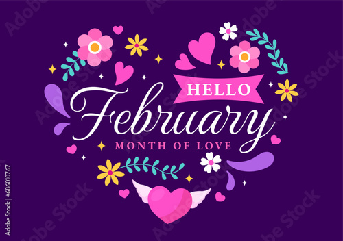 Hello February Month Vector Illustration with Flowers, Hearts, Leaves and Cute Lettering for Decoration Background in Flat Cartoon Templates