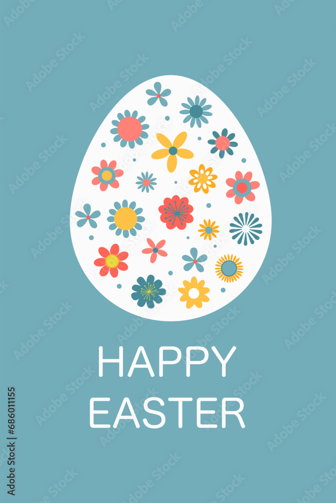 The spring Easter design depicts a vividly decorated Easter egg embellished with multicolored flowers that symbolize new life, bearing the inscription 
