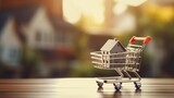 digital retail: e-commerce symbolized with shopping cart model and laptop against a home backdrop – online business concept