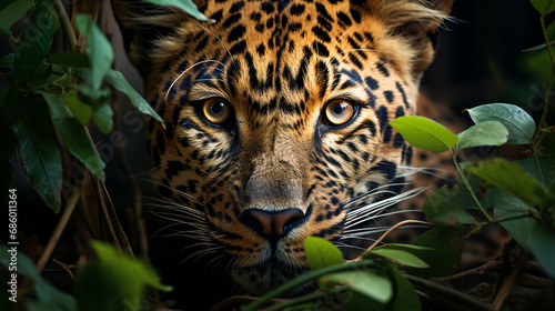 Fototapeta Naklejka Na Ścianę i Meble -  The leopard hiding in the jungle foliage