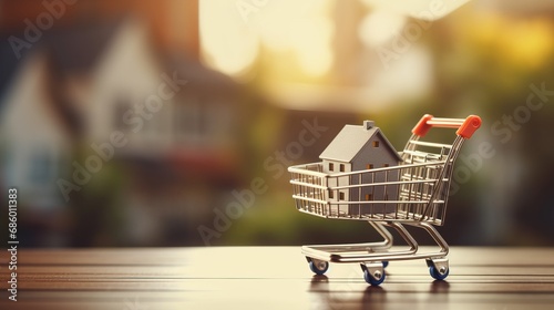 digital retail: e-commerce symbolized with shopping cart model and laptop against a home backdrop – online business concept photo