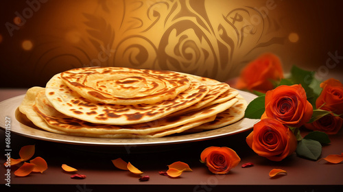 Lachha Paratha in a plate  with flowers photo