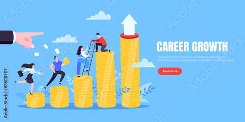 Business mentor helps improve career and money stacks growing. He holds stairs steps vector illustration.