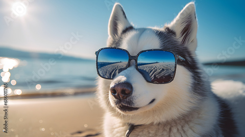 Handsome Siberian dog wearing sunglasses and beach background