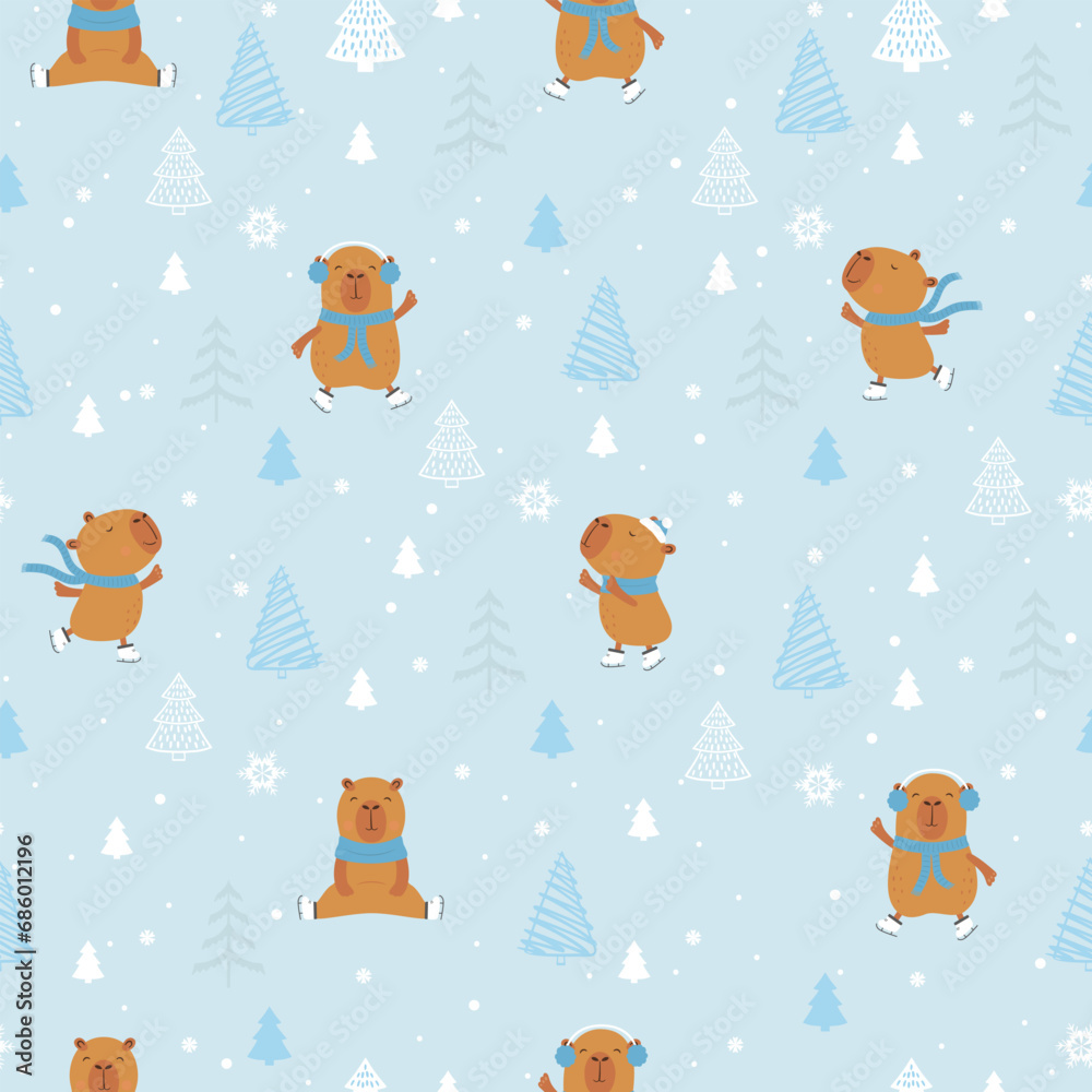 Christmas seamless pattern with cute capybara on winter skates, snowflakes and christmas tree