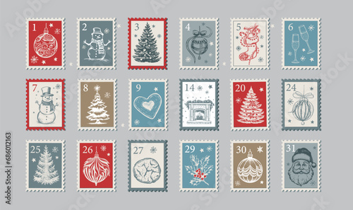 Advent calendar, Christmas Stamps, mail, postcard hand drawn illustrations.