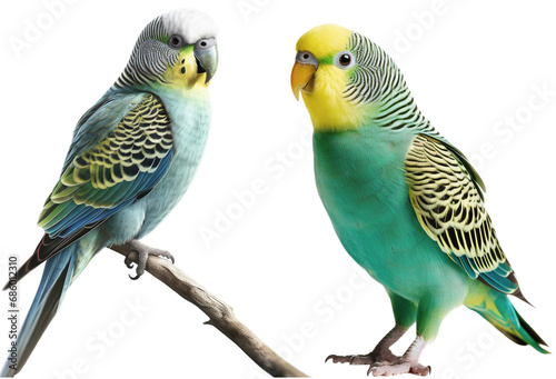Two parakeets sitting on a branch photo