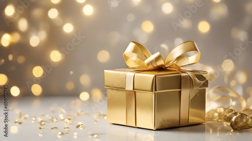 Gold Gift box with gold ribbon and bows, beautiful and luxury gift, gold lights, blurry background.