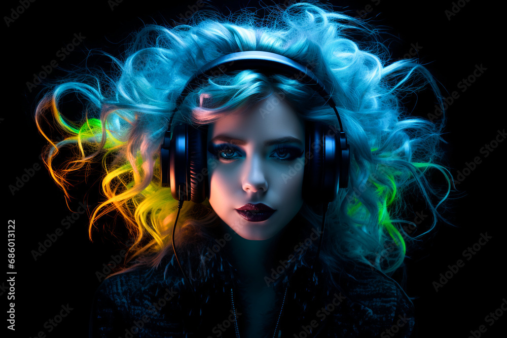 portrait of a  girl in headphones on a black background