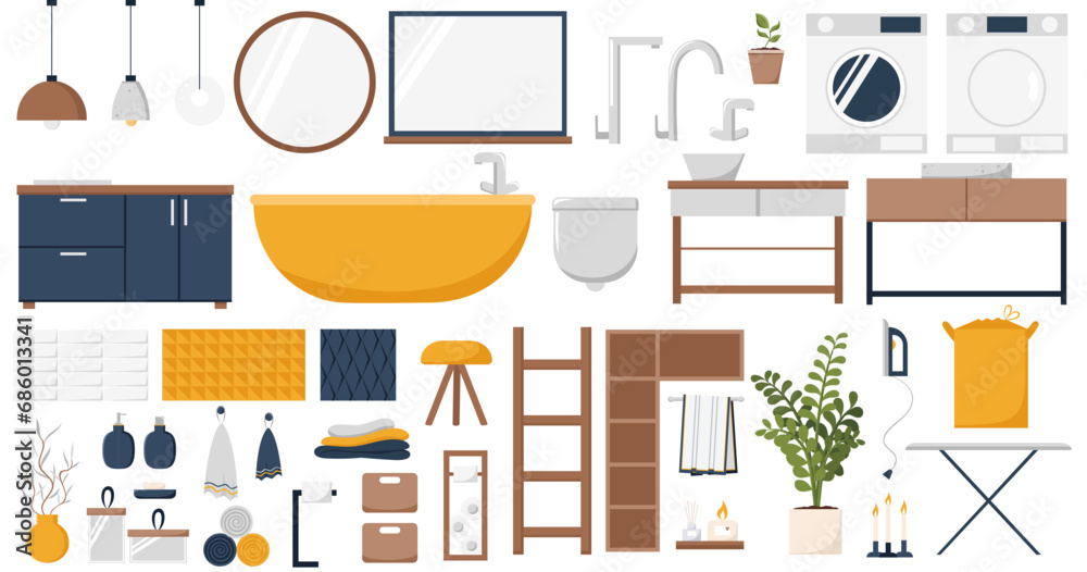 Cozy modern style laundry room in navy blue, orange and white tones. Washing, drying and ironing. Interior and furniture collection. Scandinavian design. Vector cartoon flat illustration Cozy modern style laundry room in navy blue, orange and white tones. Washing, drying and ironing. Interior and furniture collection. Scandinavian design. Vector cartoon flat illustration