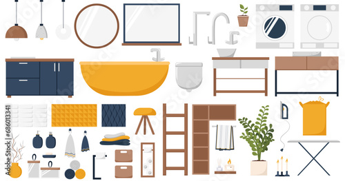 Cozy modern style laundry room in navy blue, orange and white tones. Washing, drying and ironing. Interior and furniture collection. Scandinavian design. Vector cartoon flat illustration