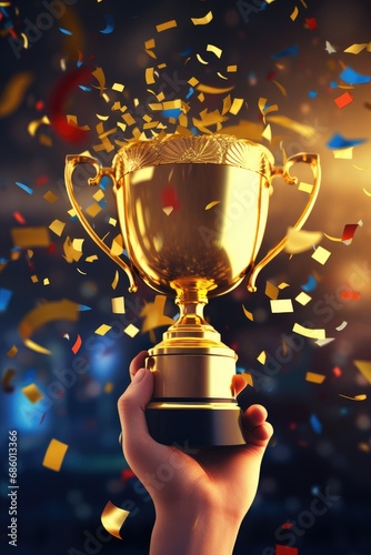 Hand holding gold trophy cu...
