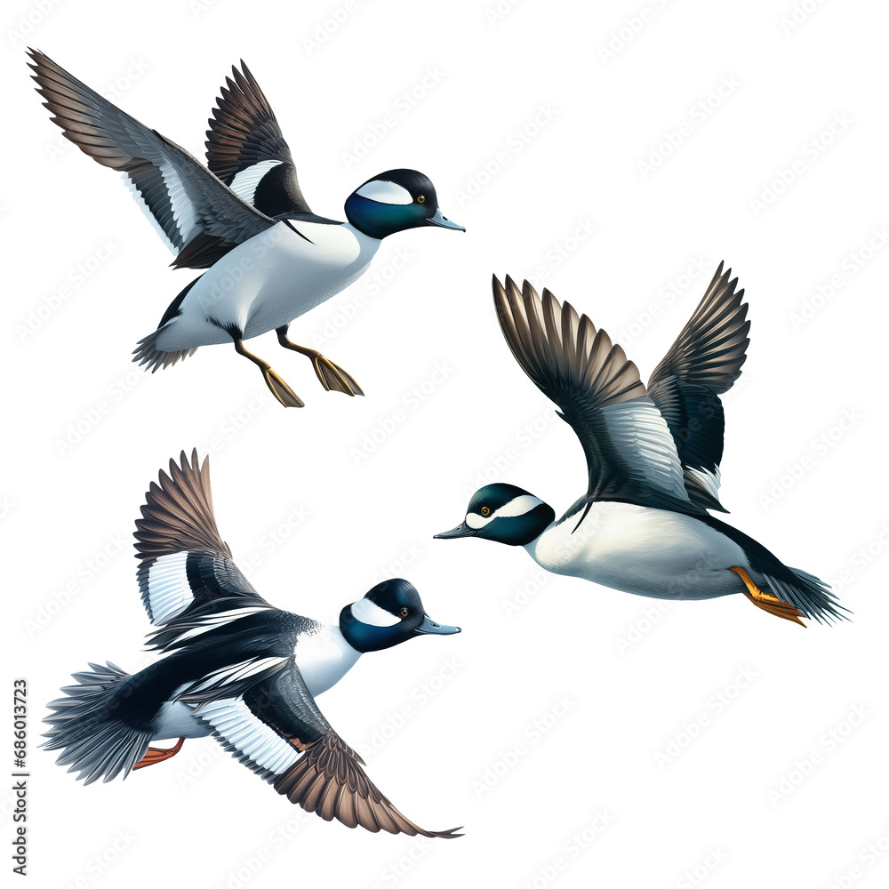 Obraz premium A set of Bufflehead Ducks flying on a transparent background