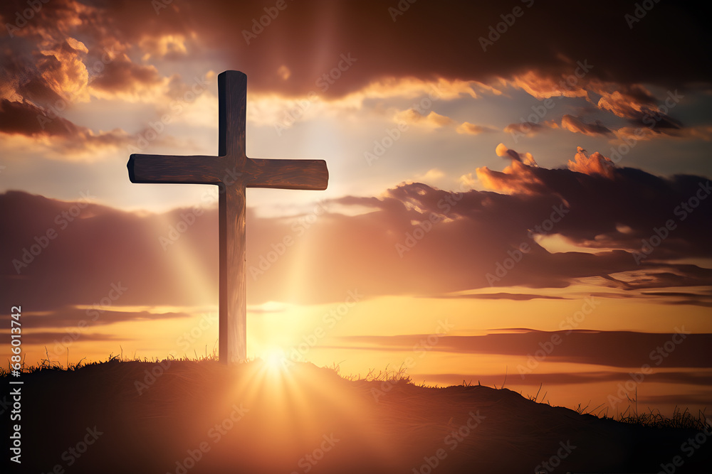 Crucifixion Of Jesus Christ. Cross At Sunset. Generative AI