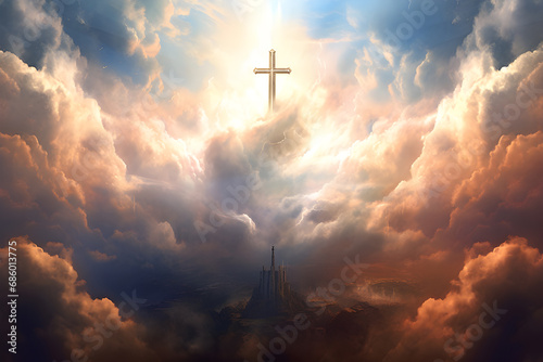 Tableau sur toile Christian cross in the sky background