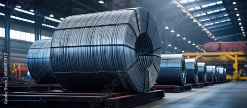 Fényképezés Transporting and handling steel coil wire in front of a warehouse, part of general cargo logistics and industrial material supply chain operations