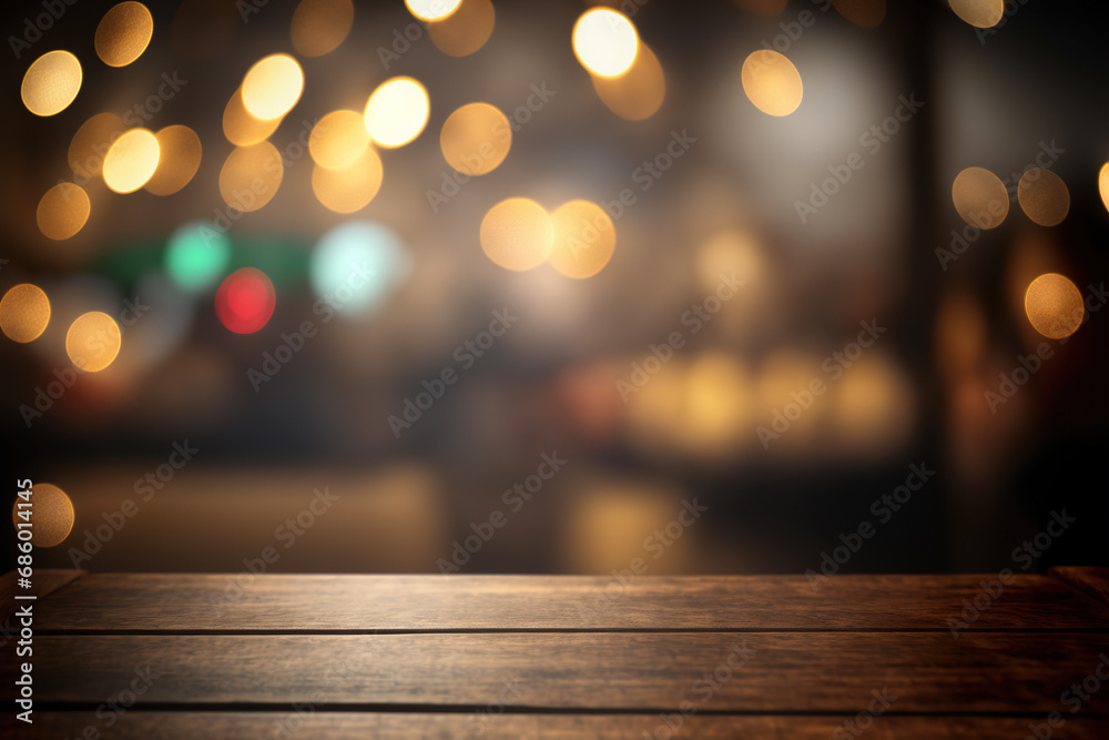 Empty wood table for product display in blur background of admirable restaurant at night generative ai