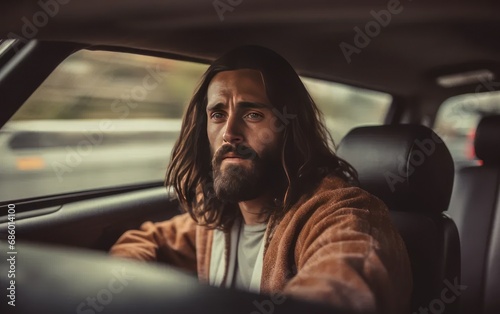 Jesus driving a car. Christian help concept. Generative AI