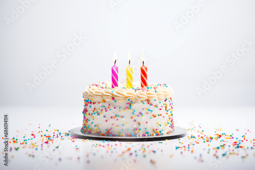 cake celebration birthday with colorful sprinkles and  three candles, white background
