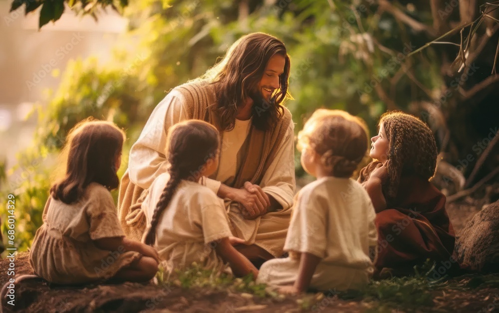 Fototapeta premium Jesus Christ talking to children, Jesus and children smiling. Generation AI