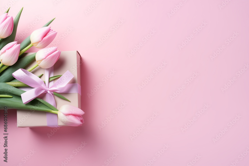 rose gift box with ribbon bow and bouquet of pink tulips, pastel background with copy space, top view
