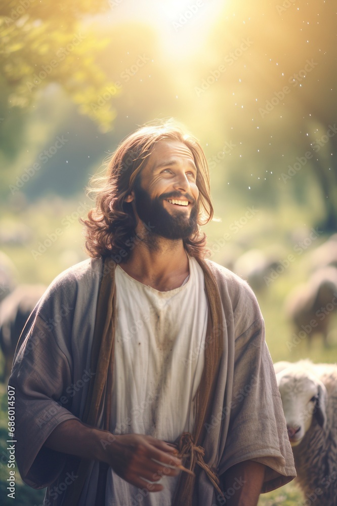 A bible jesus shepherd with his flock of sheep during sunset. Generative AI A bible jesus shepherd with his flock of sheep during sunset. Generative AI