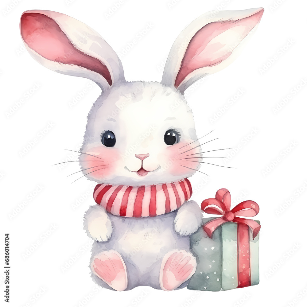 Watercolor Bunny rabbit Christmas clipart.