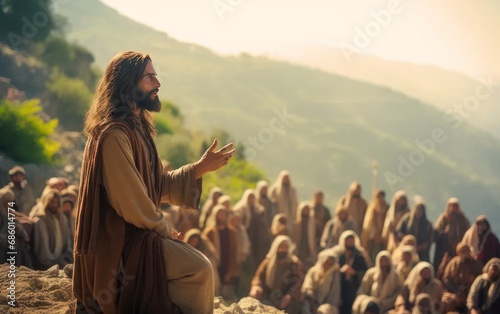 The Sermon on the Mount Jesus God religious faith story from Bible. Generated ai