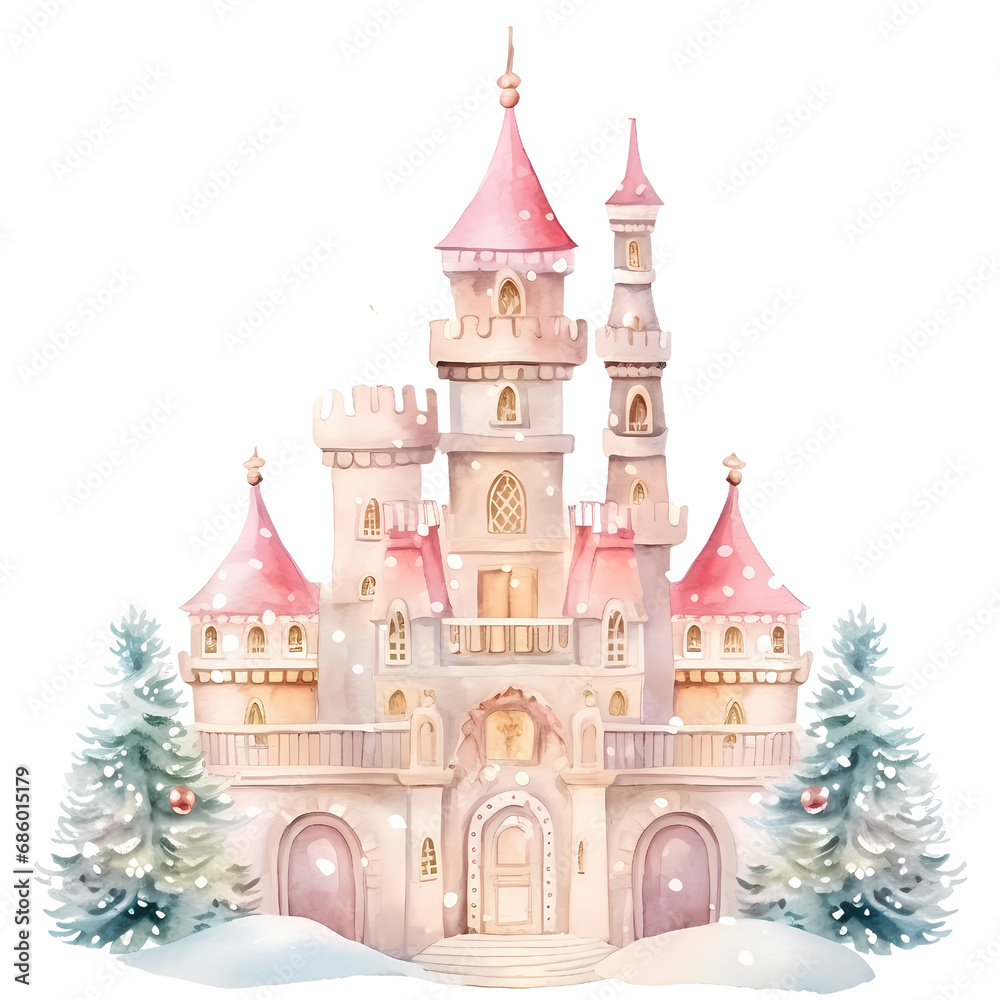 Watercolor Castle clipart. Christmas and happy new year.