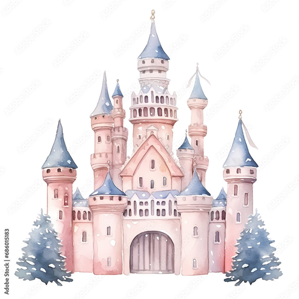 Watercolor Castle clipart. Christmas and happy new year.