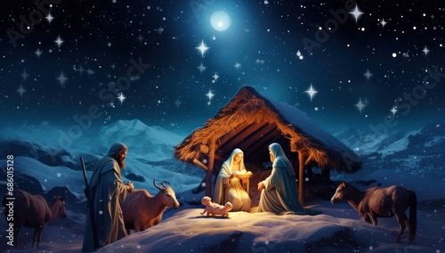 Christmas nativity scene. Baby Jesus Christ, Mary and Joseph. Generative AI photo
