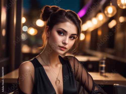 Portrait of a beautiful brunette woman in an evening caf?. ai