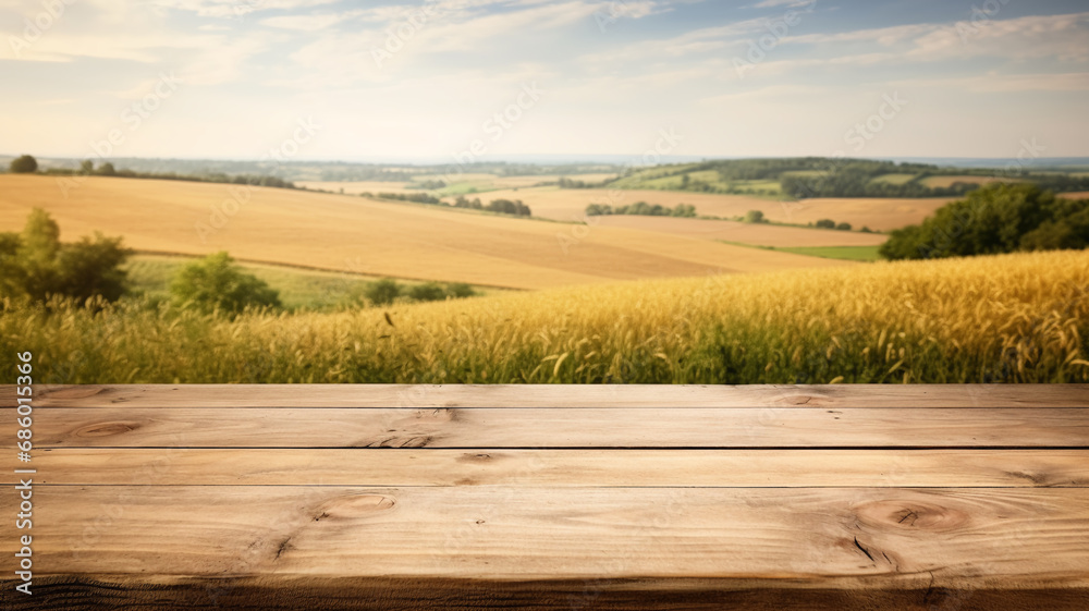 Fototapeta premium Rustic wooden tabletop with a blurred background of a lush wheat field under a clear sky mockup product display placement. 