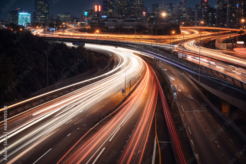 High speed urban traffic on a city highway during evening rush hour, car headlights and busy night transport captured by motion blur lighting effect and abstract long exposure photography High speed urban traffic on a city highway during evening rush hour, car headlights and busy night transport captured by motion blur lighting effect and abstract long exposure photography