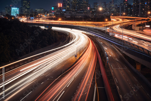 High speed urban traffic on a city highway during evening rush hour, car headlights and busy night transport captured by motion blur lighting effect and abstract long exposure photography © Bockthier