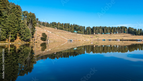 Sanasar Lake set amidst lush meadows and fringed by coniferous tree lining is the prime attraction near Patnitop and Jammu